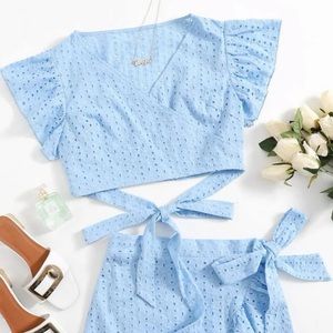 Wrap tie baby blue too and skirt.